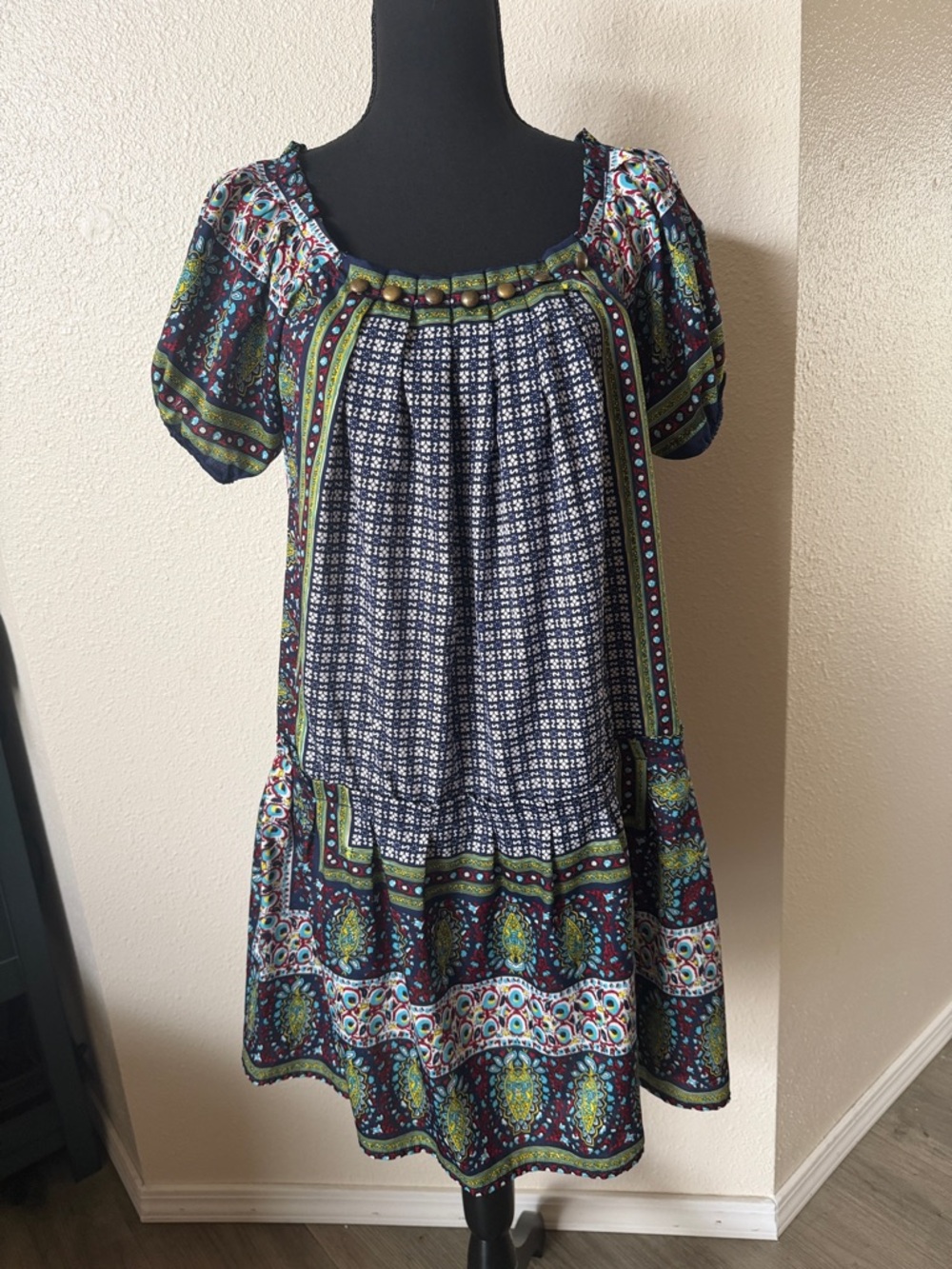Monroe & Main Navy, Green, White Bohemian Midi Dress